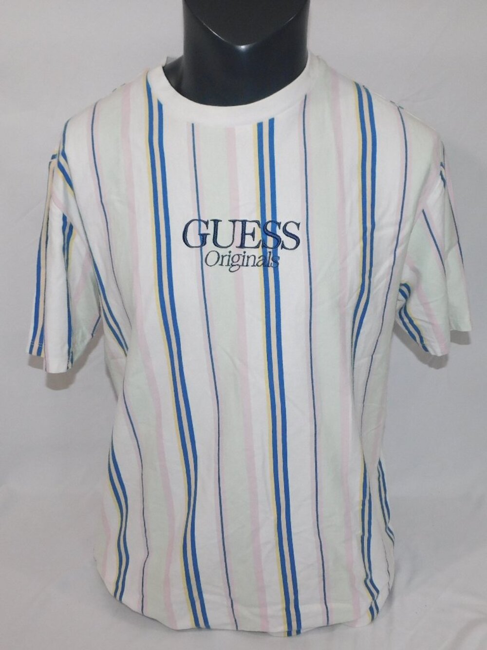 VTG Guess Originals White Pink green Blue Yellow Vertical Striped Shirt Mens M